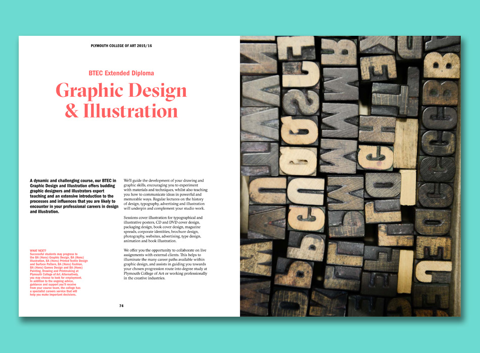 a double page spread from a Plymouth College of Art prospectus